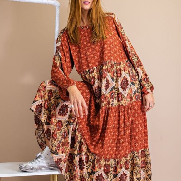 easel Dresses 8 Easel Rustard Long Bubble Sleeve Tier Mixed Print